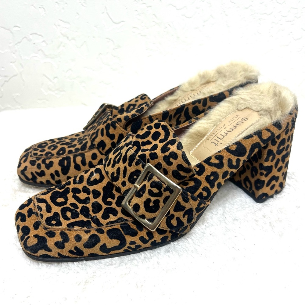 Summit White Mountain Suede Leopard Print Mules Buckle Accent Faux Fur Size 9.5